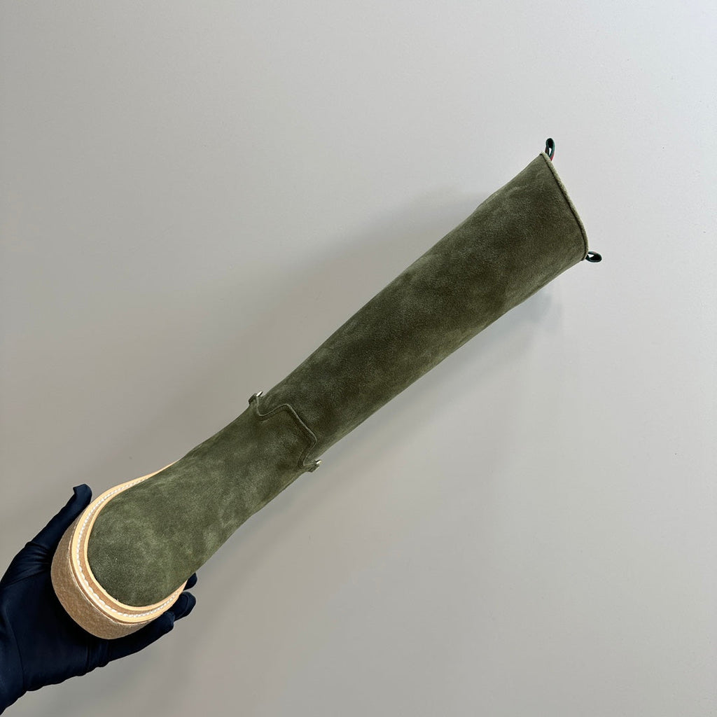 GUCCI SLIM HORSEBIT KNEE BOOTS WITH WEB IN KHAKI GREEN SUEDE