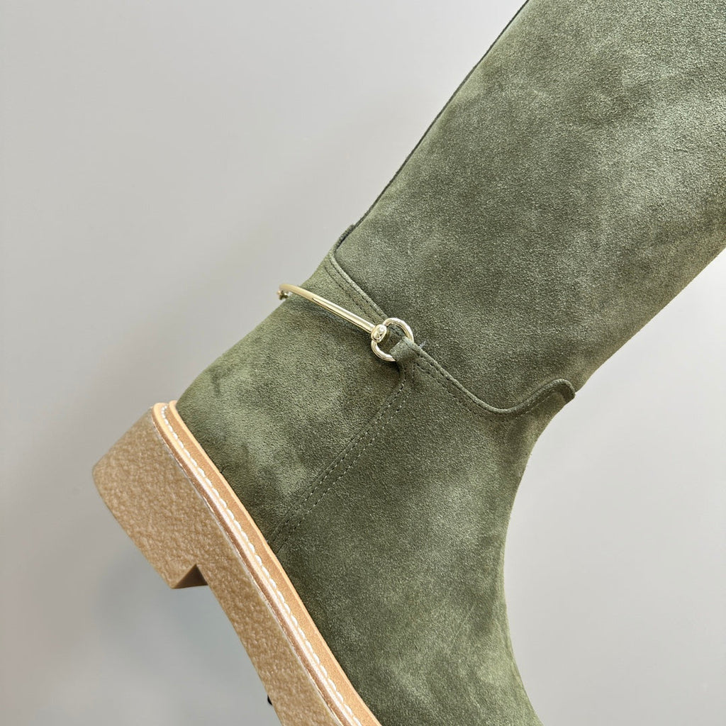 GUCCI SLIM HORSEBIT KNEE BOOTS WITH WEB IN KHAKI GREEN SUEDE