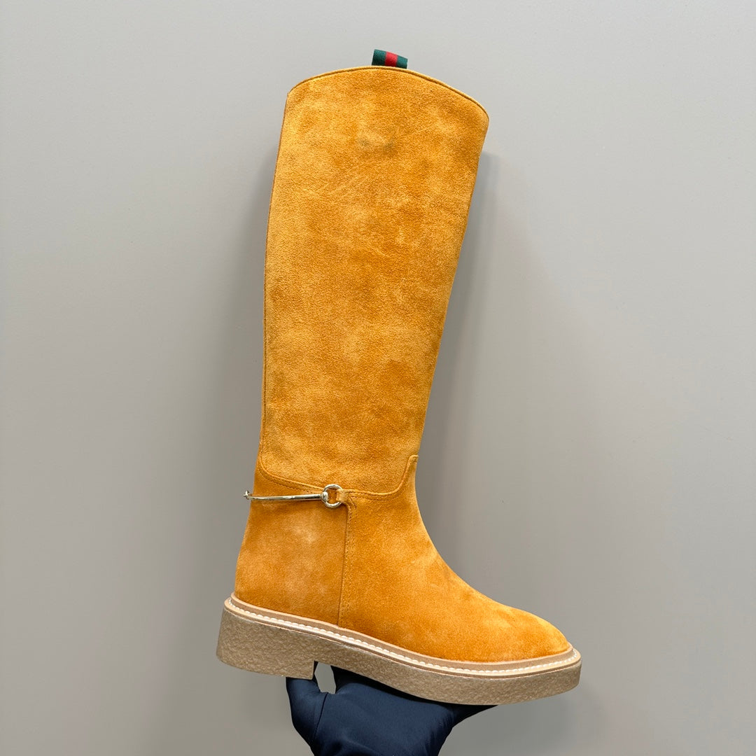 GUCCI SLIM HORSEBIT KNEE BOOTS WITH WEB IN HONEY ORANGE SUEDE
