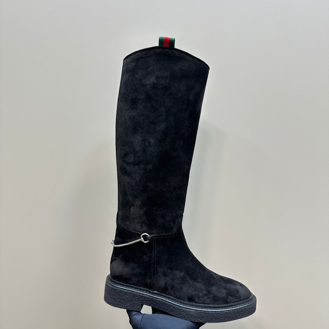 GUCCI SLIM HORSEBIT KNEE BOOTS WITH WEB IN BLACK SUEDE