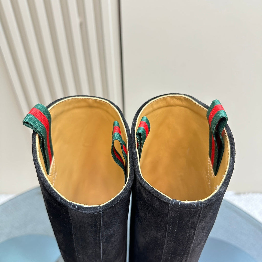 GUCCI SLIM HORSEBIT KNEE BOOTS WITH WEB IN BLACK SUEDE