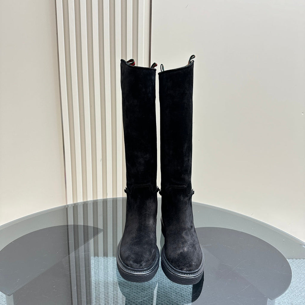 GUCCI SLIM HORSEBIT KNEE BOOTS WITH WEB IN BLACK SUEDE