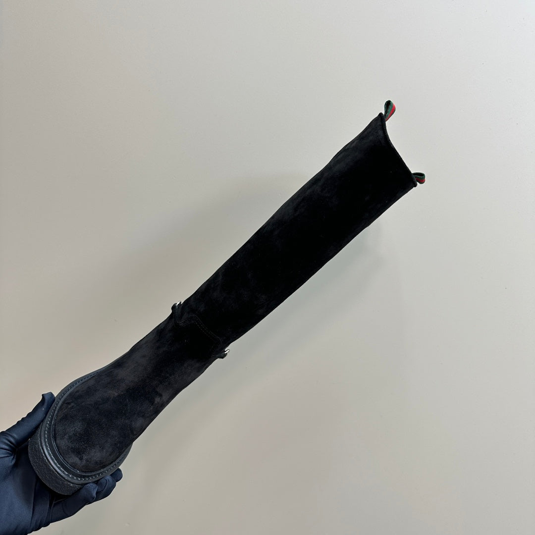 GUCCI SLIM HORSEBIT KNEE BOOTS WITH WEB IN BLACK SUEDE
