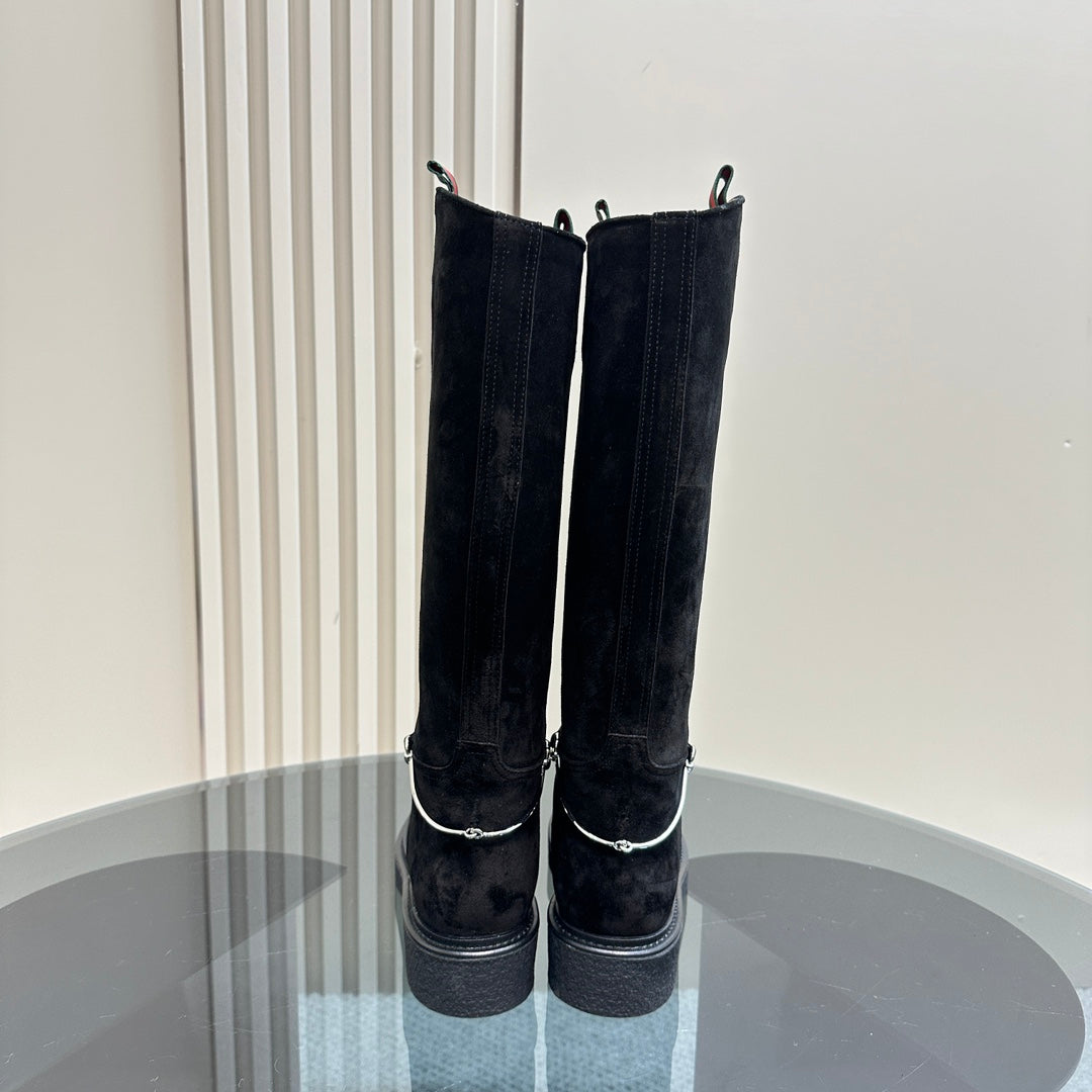GUCCI SLIM HORSEBIT KNEE BOOTS WITH WEB IN BLACK SUEDE