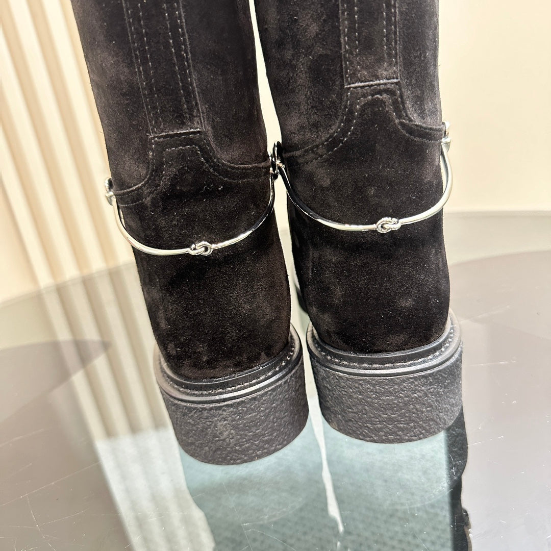GUCCI SLIM HORSEBIT KNEE BOOTS WITH WEB IN BLACK SUEDE