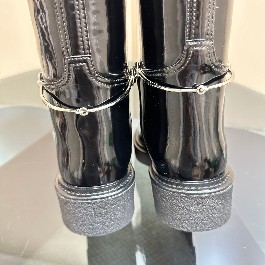 GUCCI SLIM HORSEBIT KNEE BOOTS WITH WEB IN BLACK GLOSSY CALFSKIN