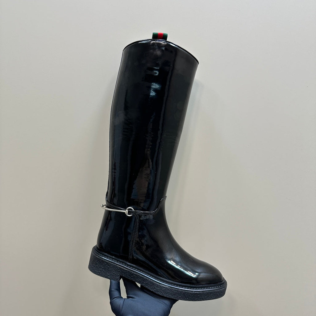 GUCCI SLIM HORSEBIT KNEE BOOTS WITH WEB IN BLACK GLOSSY CALFSKIN