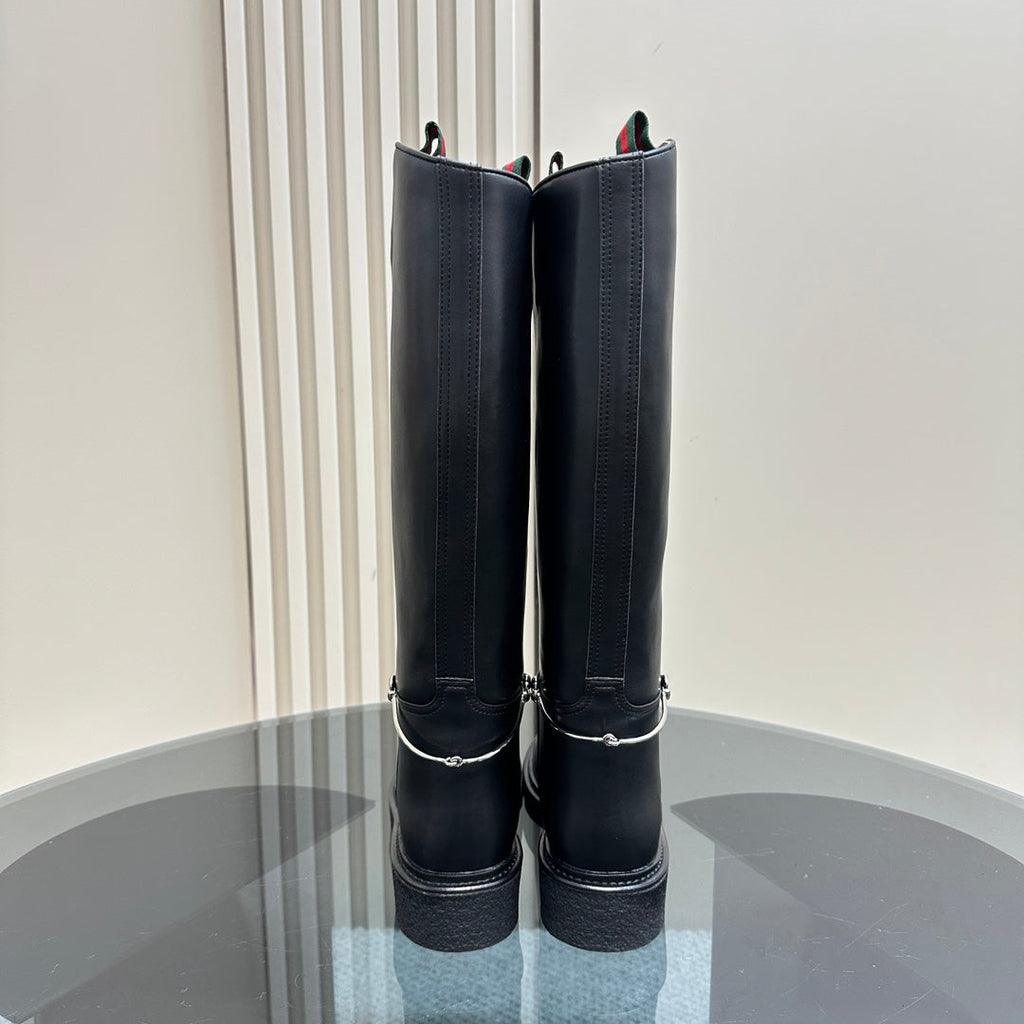 GUCCI SLIM HORSEBIT KNEE BOOTS WITH WEB IN BLACK CALFSKIN