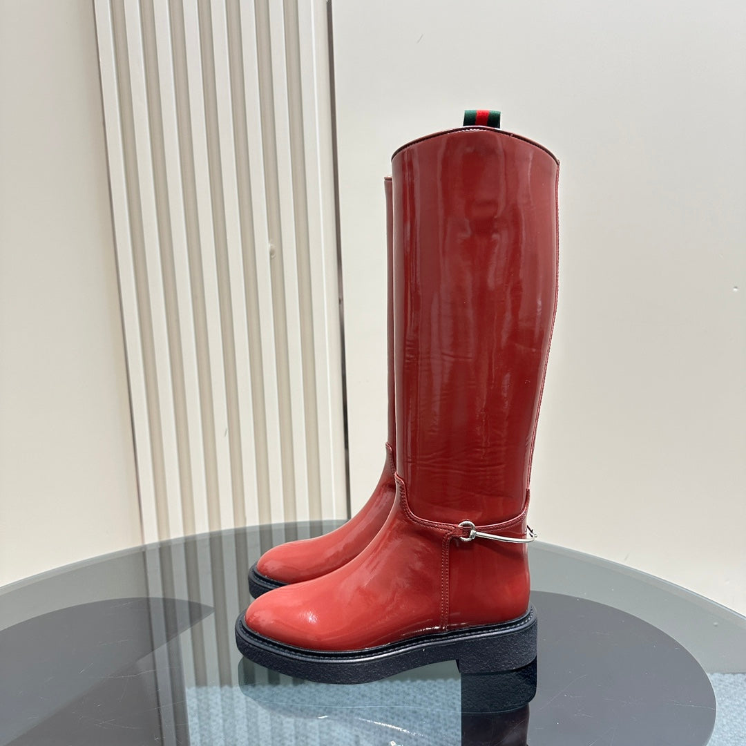 GUCCI SLIM HORSEBIT KNEE BOOTS WITH WEB IN RED GLOSSY CALFSKIN