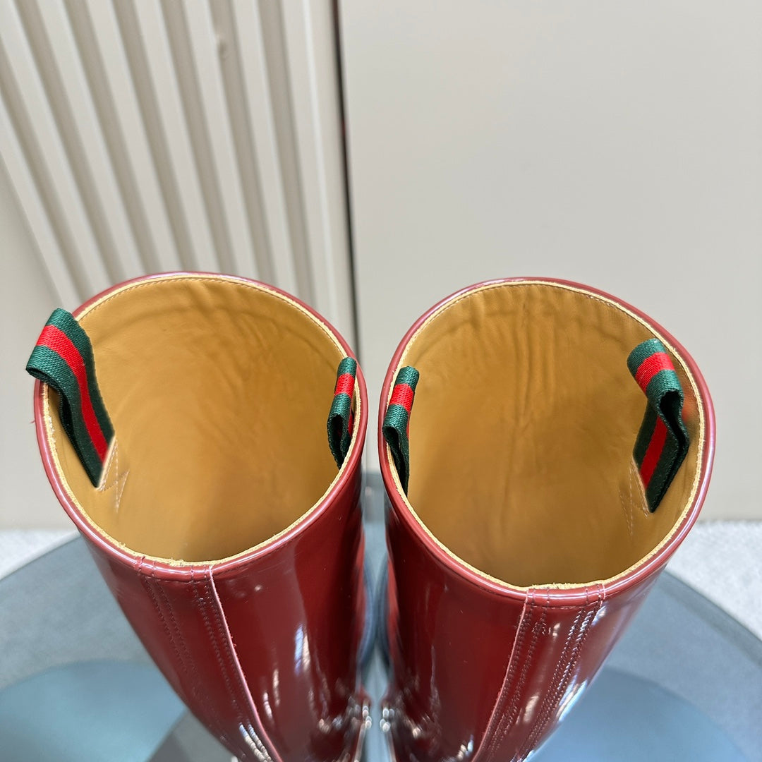 GUCCI SLIM HORSEBIT KNEE BOOTS WITH WEB IN RED GLOSSY CALFSKIN