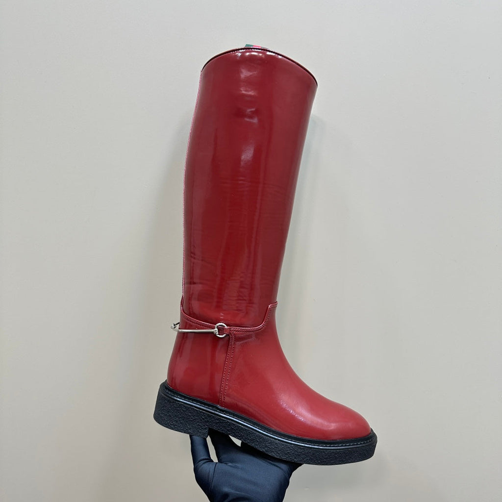 GUCCI SLIM HORSEBIT KNEE BOOTS WITH WEB IN RED GLOSSY CALFSKIN