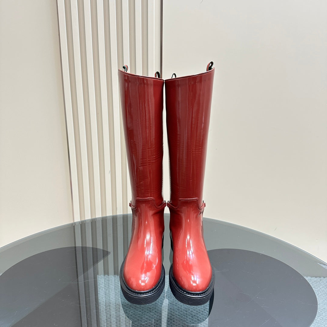 GUCCI SLIM HORSEBIT KNEE BOOTS WITH WEB IN RED GLOSSY CALFSKIN