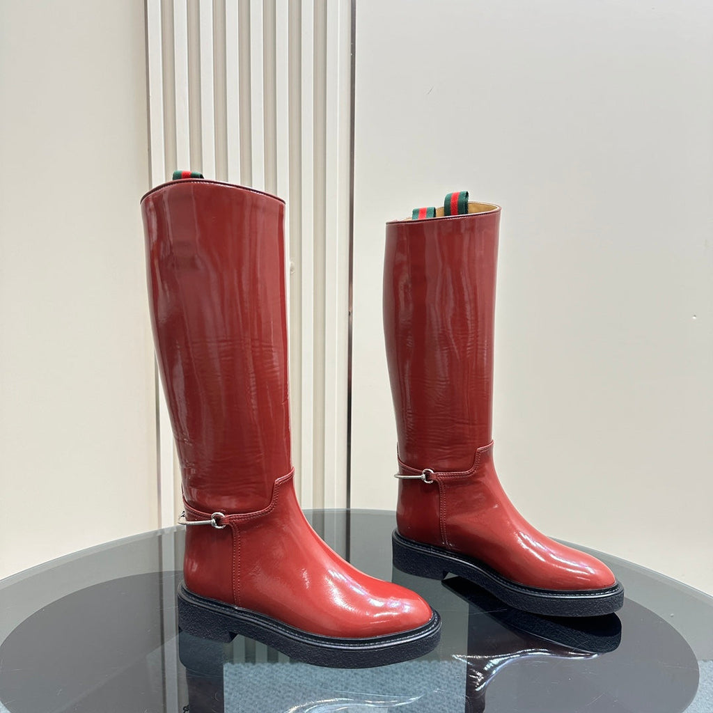 GUCCI SLIM HORSEBIT KNEE BOOTS WITH WEB IN RED GLOSSY CALFSKIN