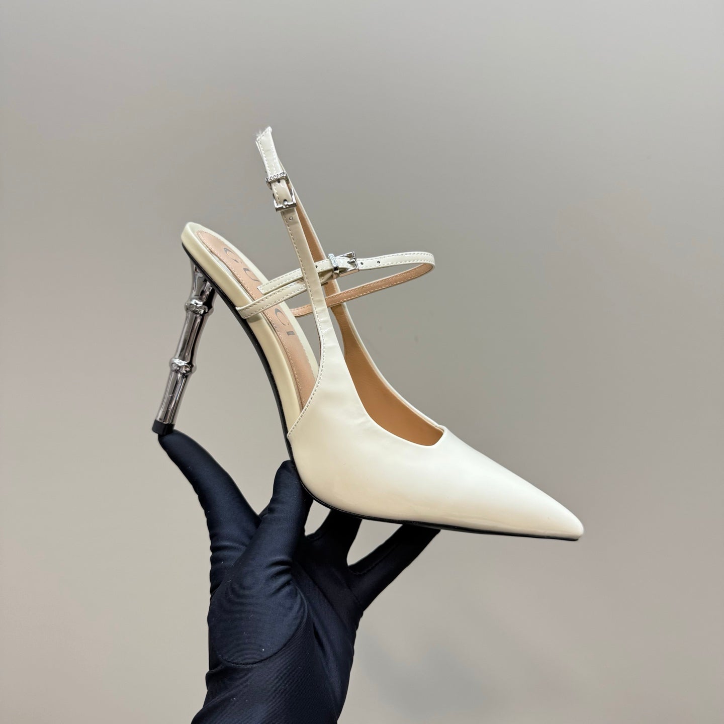 GUCCI POINTED-TOE HIGH BAMBOO-EFFECT HEEL SLINGBACK IN CREAM PATENT CALFSKIN