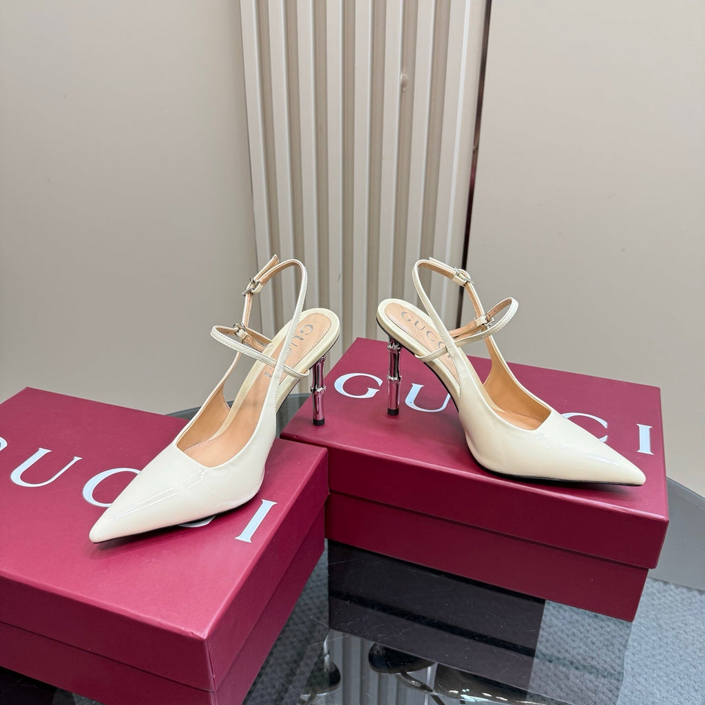 GUCCI POINTED-TOE HIGH BAMBOO-EFFECT HEEL SLINGBACK IN CREAM PATENT CALFSKIN