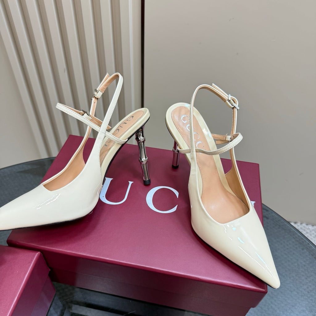 GUCCI POINTED-TOE HIGH BAMBOO-EFFECT HEEL SLINGBACK IN CREAM PATENT CALFSKIN