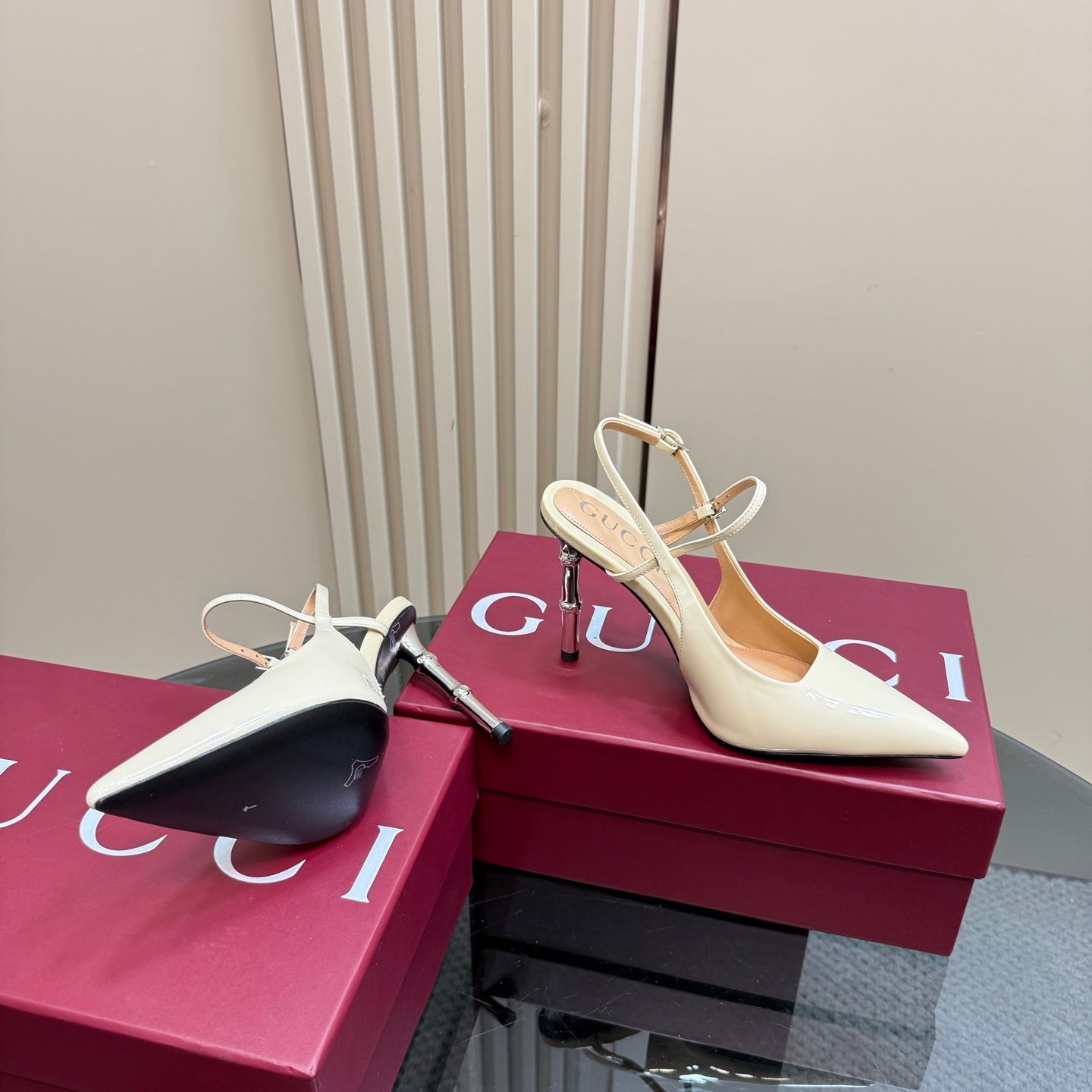 GUCCI POINTED-TOE HIGH BAMBOO-EFFECT HEEL SLINGBACK IN CREAM PATENT CALFSKIN
