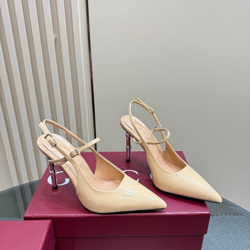 GUCCI POINTED-TOE HIGH BAMBOO-EFFECT HEEL SLINGBACK IN BEIGE PATENT CALFSKIN