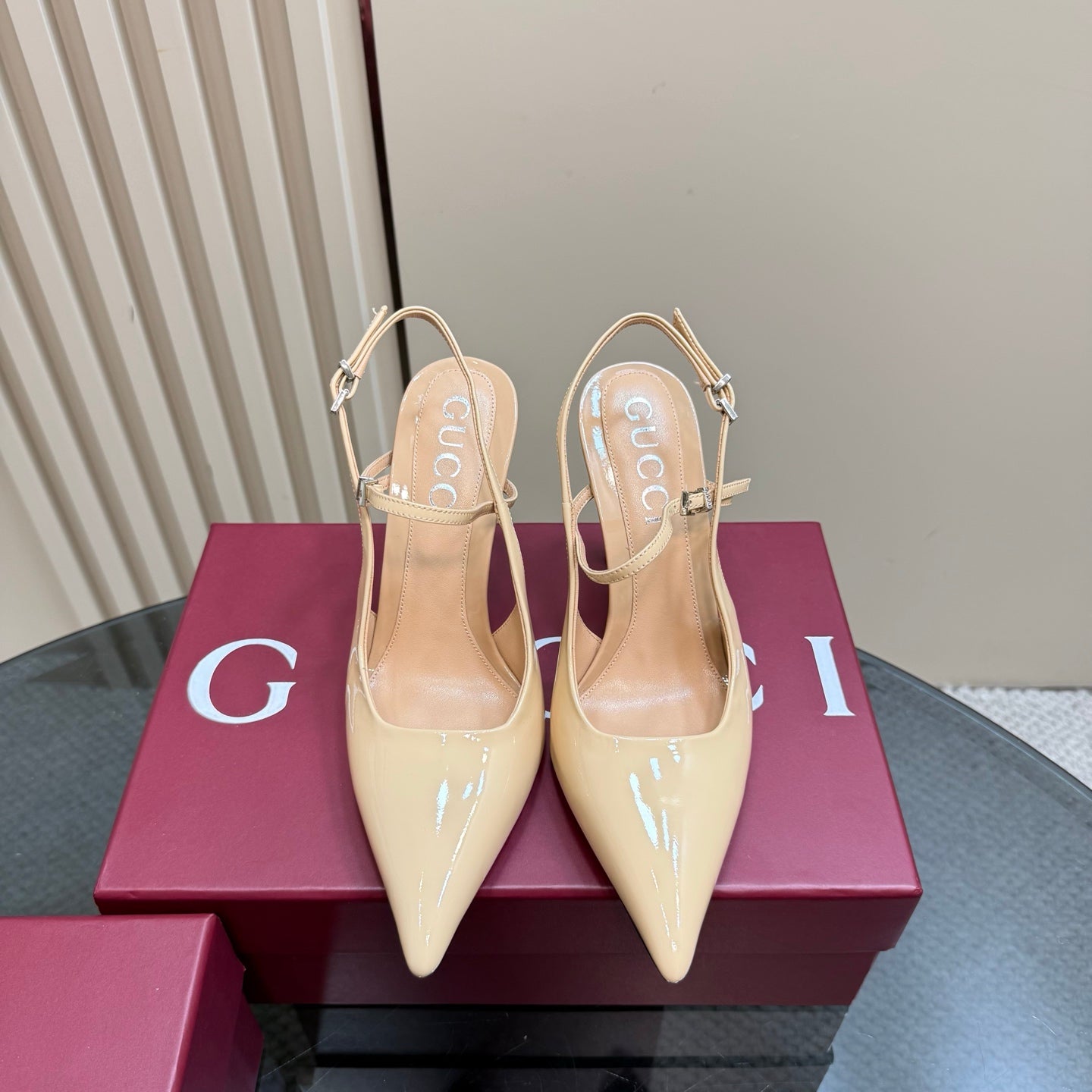 GUCCI POINTED-TOE HIGH BAMBOO-EFFECT HEEL SLINGBACK IN BEIGE PATENT CALFSKIN