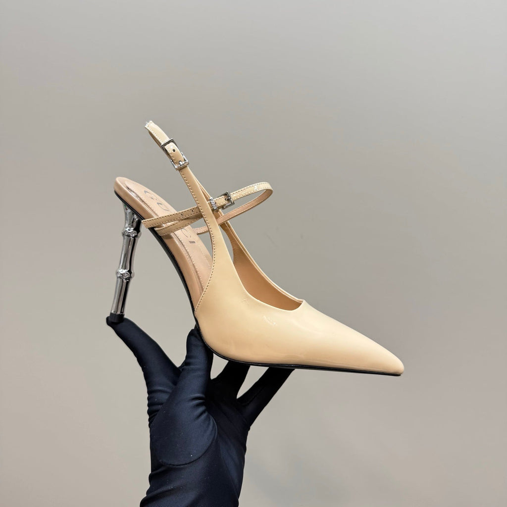 GUCCI POINTED-TOE HIGH BAMBOO-EFFECT HEEL SLINGBACK IN BEIGE PATENT CALFSKIN