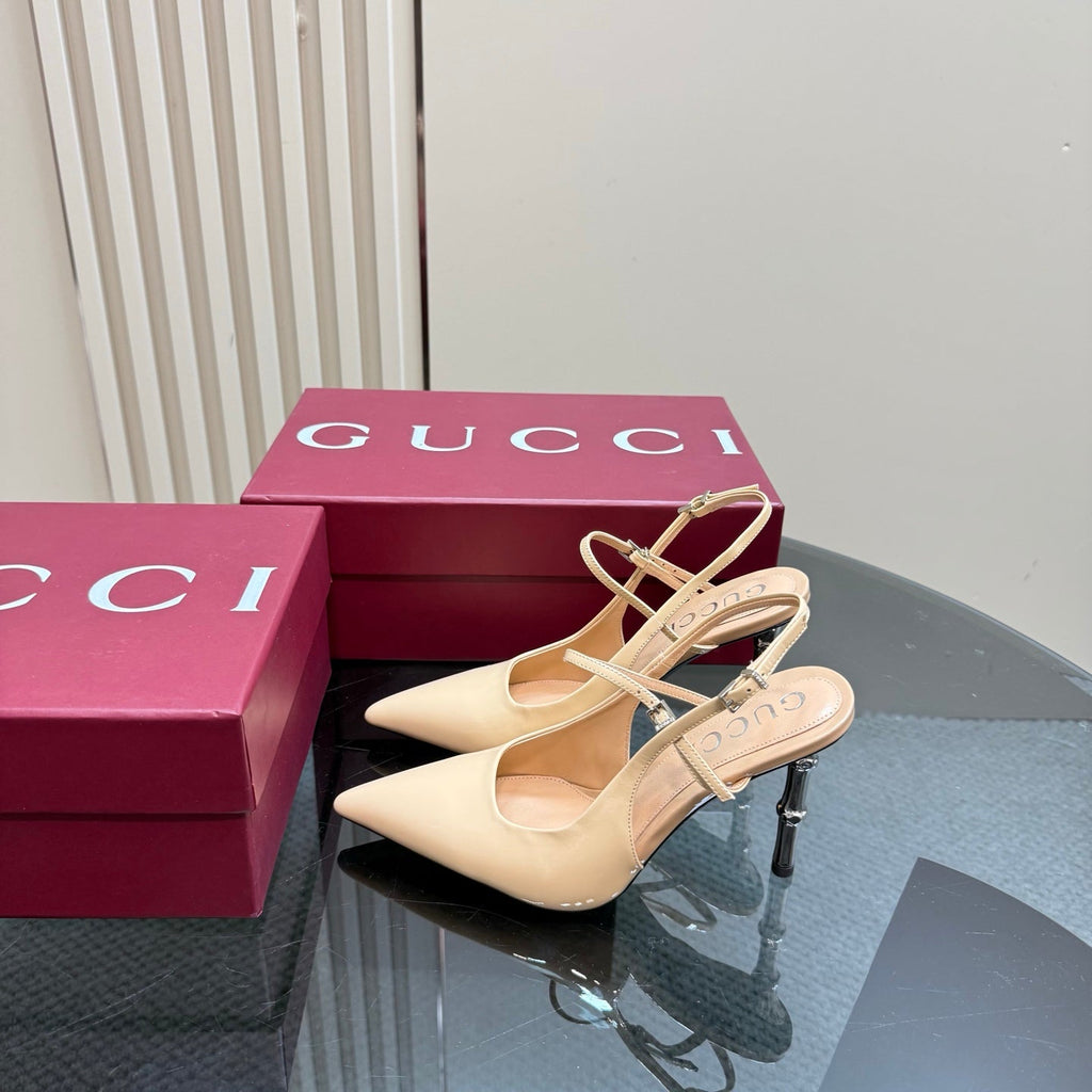 GUCCI POINTED-TOE HIGH BAMBOO-EFFECT HEEL SLINGBACK IN BEIGE PATENT CALFSKIN