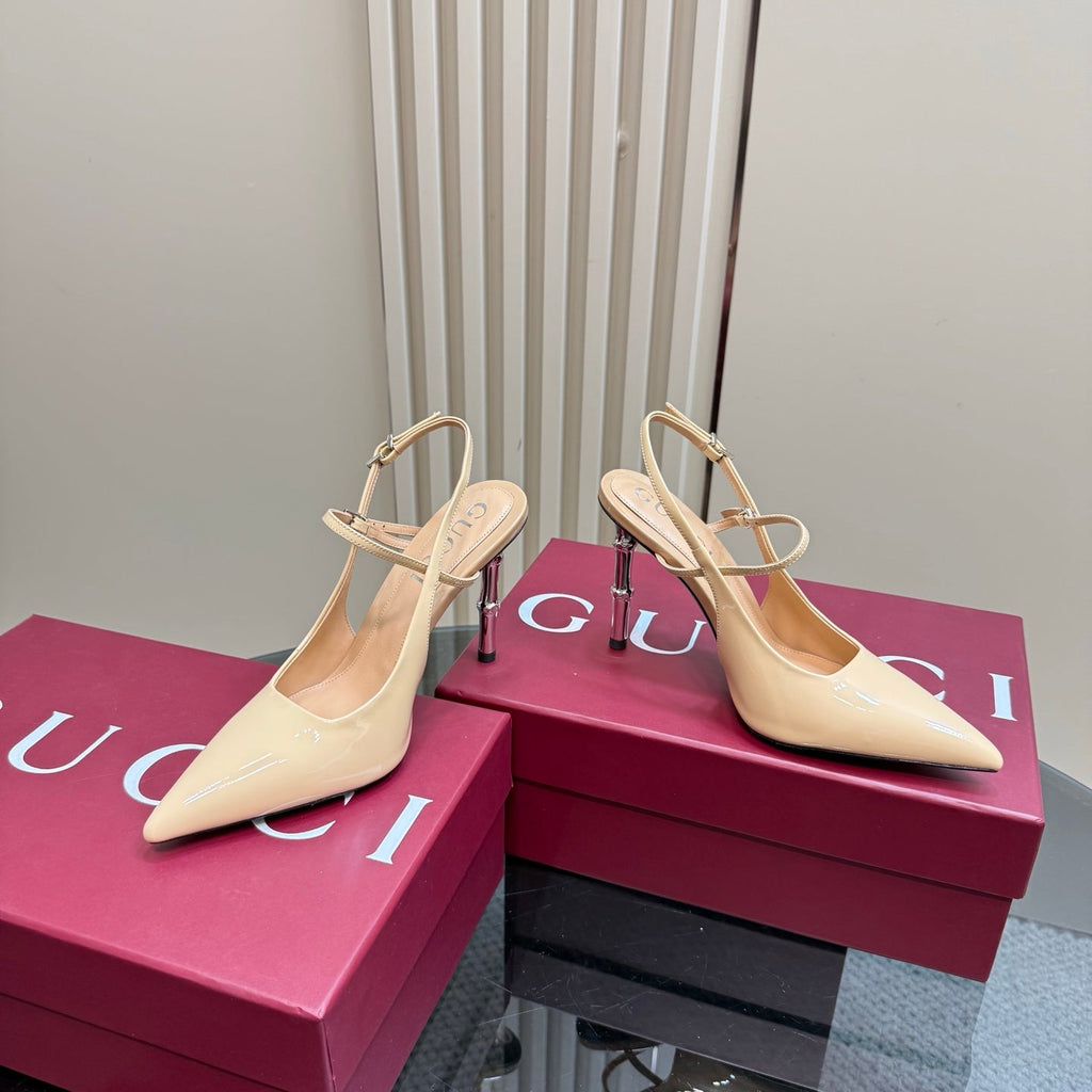 GUCCI POINTED-TOE HIGH BAMBOO-EFFECT HEEL SLINGBACK IN BEIGE PATENT CALFSKIN