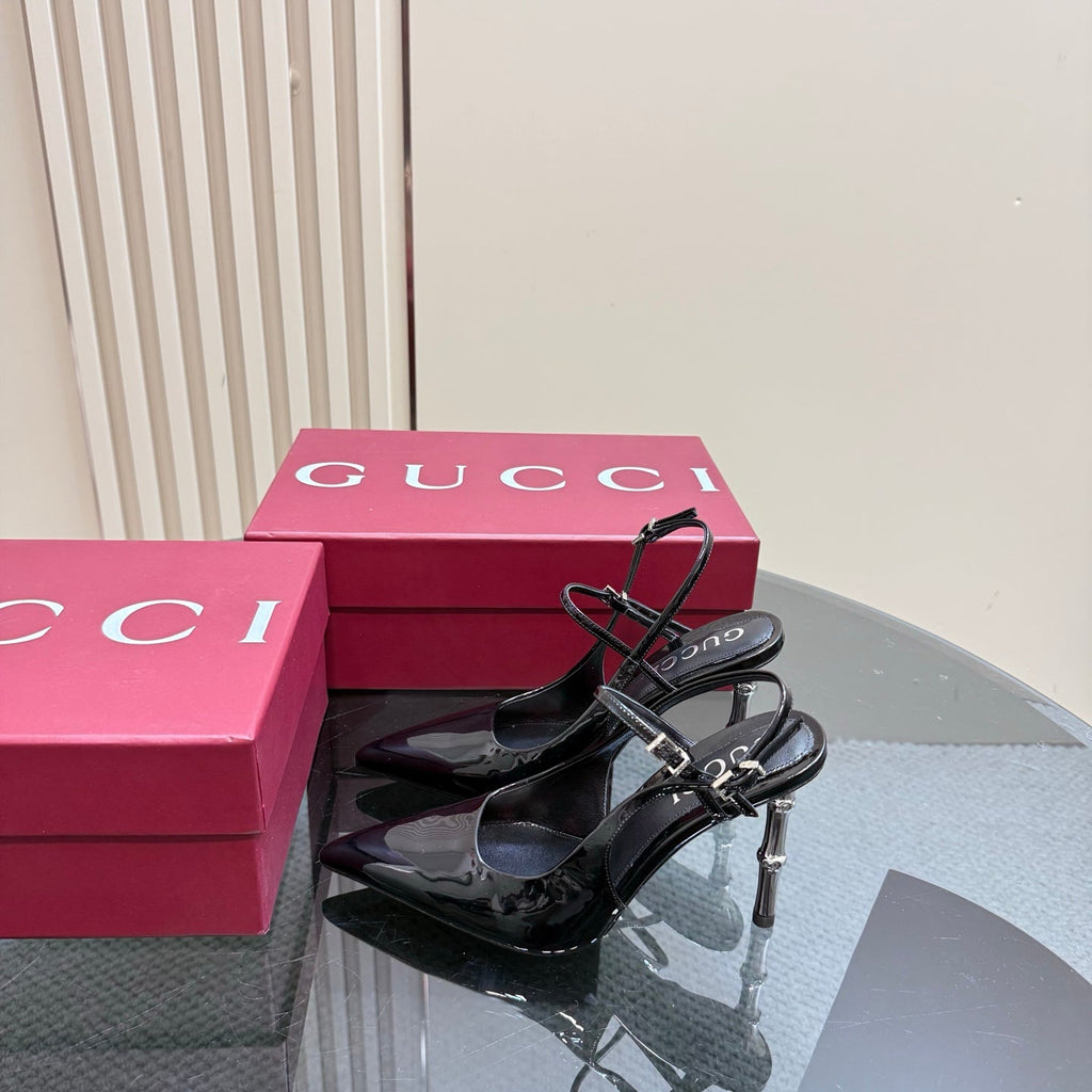 GUCCI POINTED-TOE HIGH BAMBOO-EFFECT HEEL SLINGBACK IN BLACK PATENT CALFSKIN