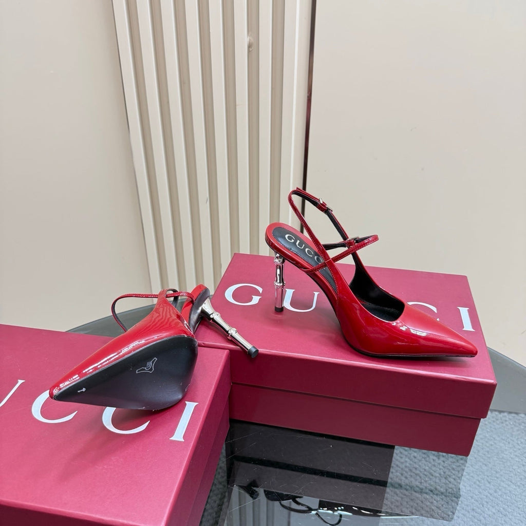 GUCCI POINTED-TOE HIGH BAMBOO-EFFECT HEEL SLINGBACK IN RED PATENT CALFSKIN