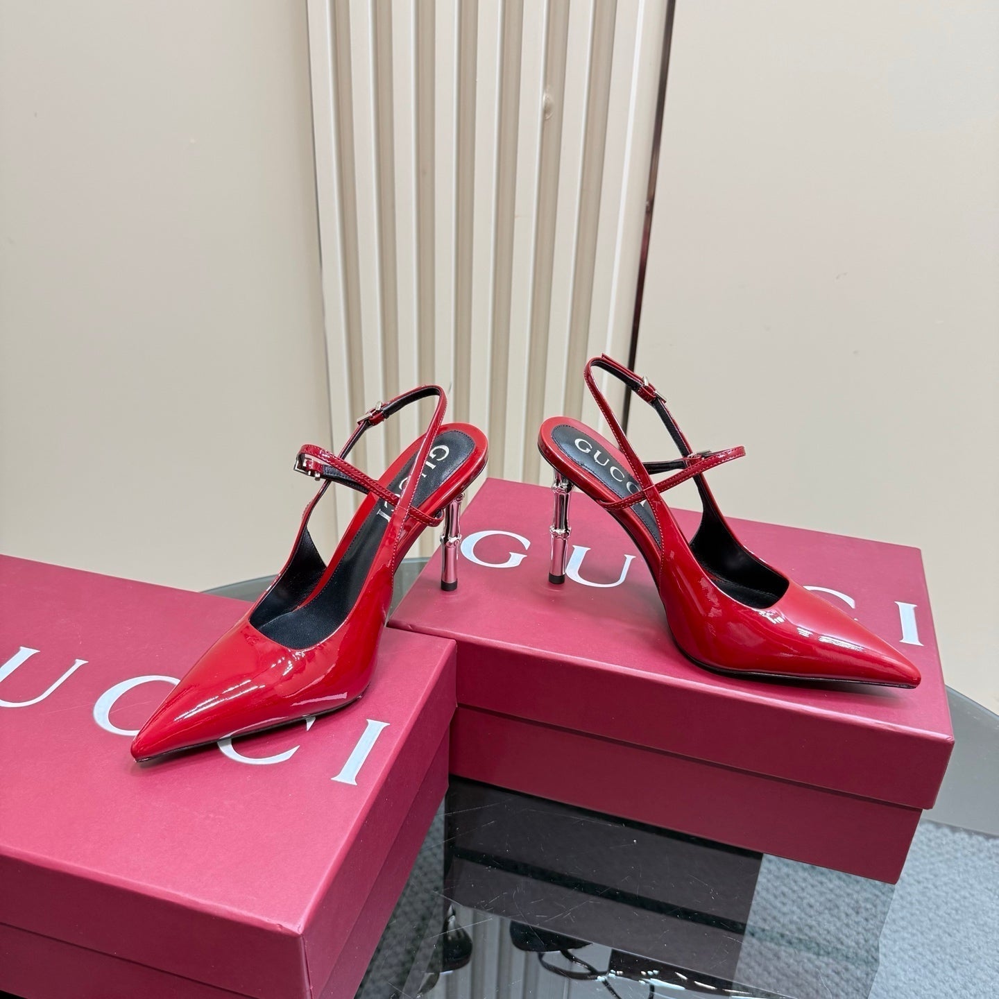 GUCCI POINTED-TOE HIGH BAMBOO-EFFECT HEEL SLINGBACK IN RED PATENT CALFSKIN