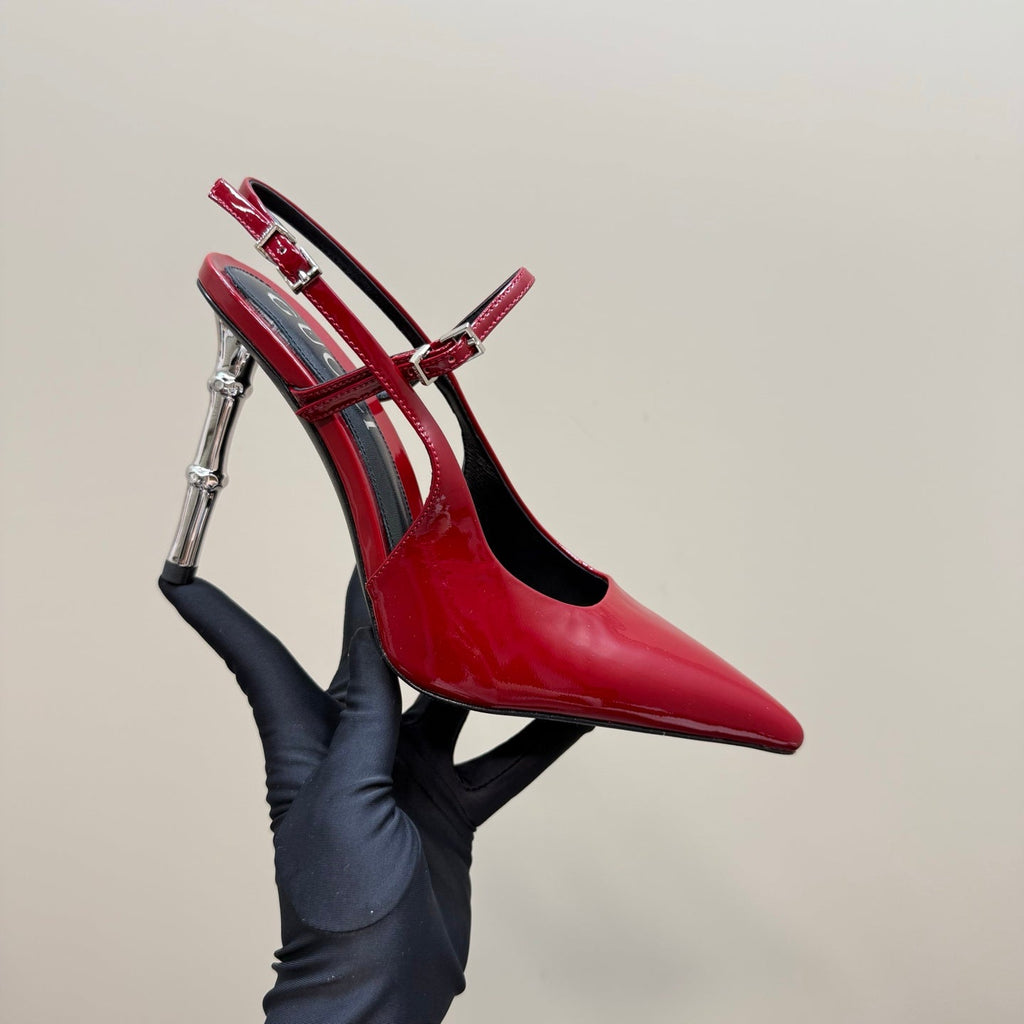 GUCCI POINTED-TOE HIGH BAMBOO-EFFECT HEEL SLINGBACK IN RED PATENT CALFSKIN