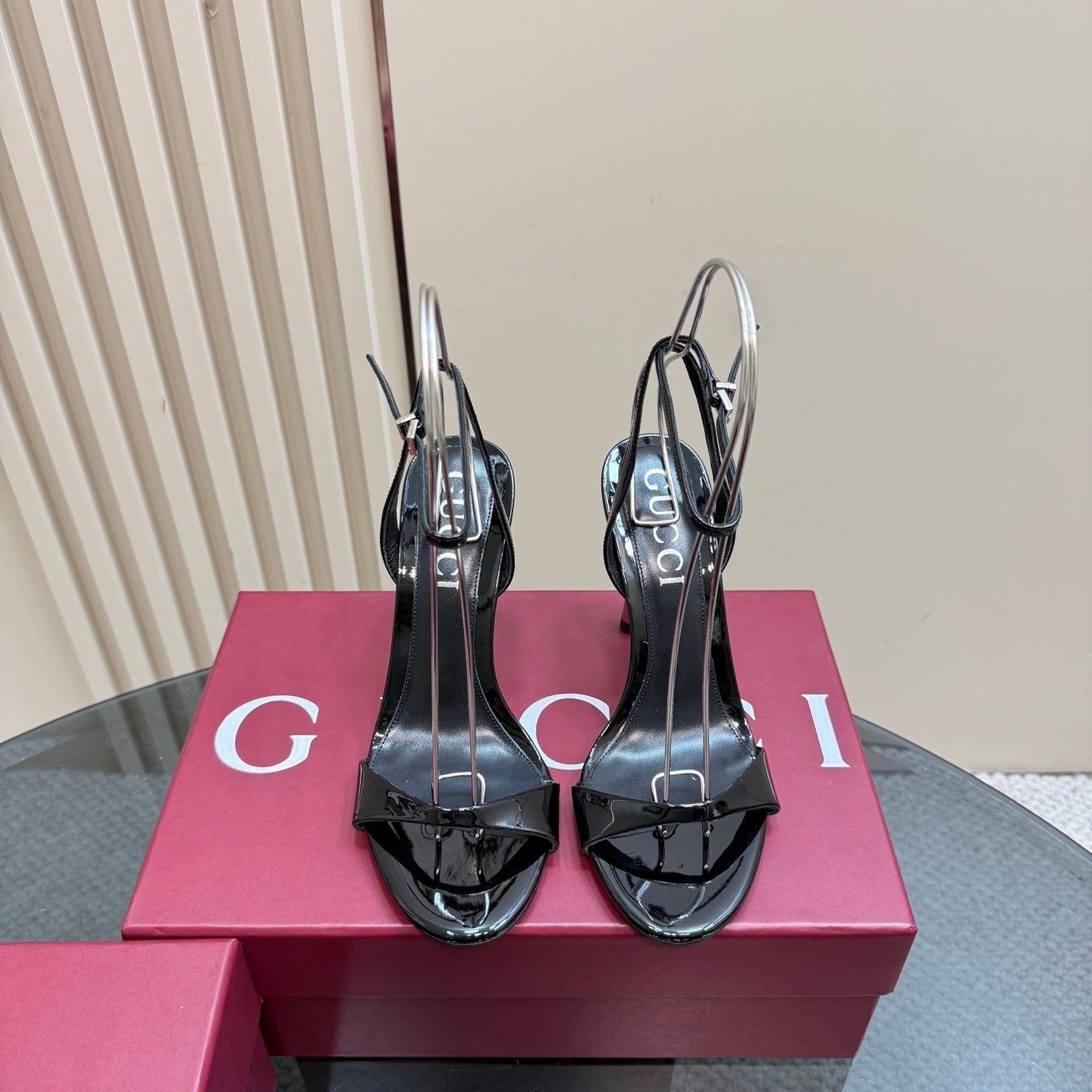 GUCCI STRAP HIGH BAMBOO-EFFECT HEEL SANDAL IN BLACK PATENT CALFSKIN