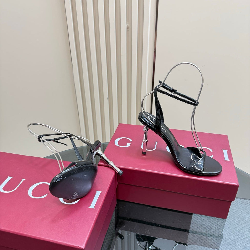 GUCCI STRAP HIGH BAMBOO-EFFECT HEEL SANDAL IN BLACK PATENT CALFSKIN