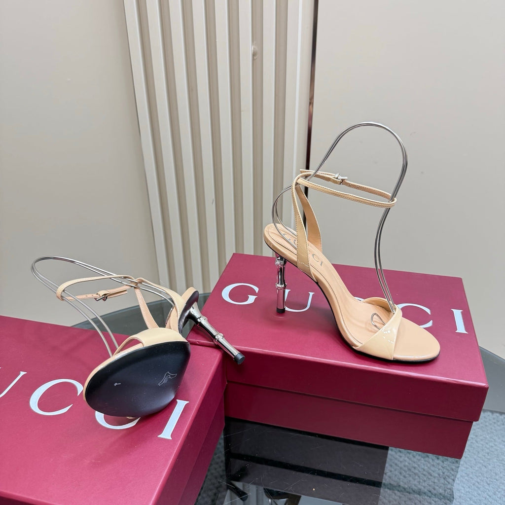 GUCCI STRAP HIGH BAMBOO-EFFECT HEEL SANDAL IN BEIGE PATENT CALFSKIN