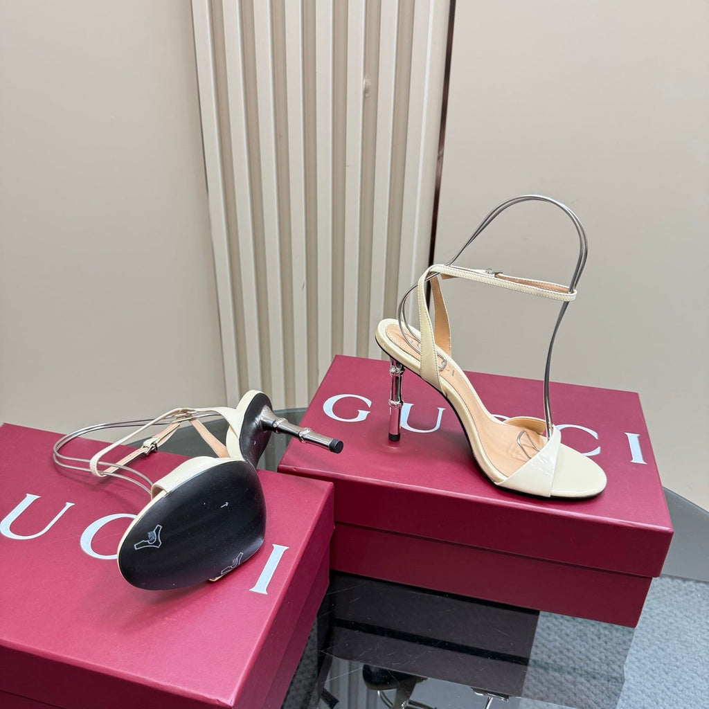 GUCCI STRAP HIGH BAMBOO-EFFECT HEEL SANDAL IN CREAM PATENT CALFSKIN