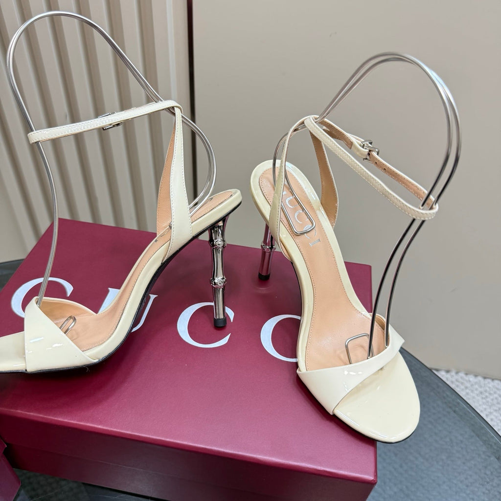 GUCCI STRAP HIGH BAMBOO-EFFECT HEEL SANDAL IN CREAM PATENT CALFSKIN