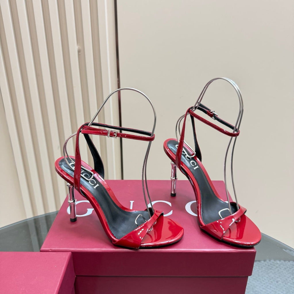 GUCCI STRAP HIGH BAMBOO-EFFECT HEEL SANDAL IN RED PATENT CALFSKIN