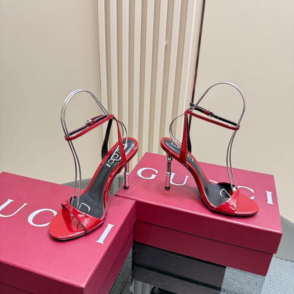 GUCCI STRAP HIGH BAMBOO-EFFECT HEEL SANDAL IN RED PATENT CALFSKIN