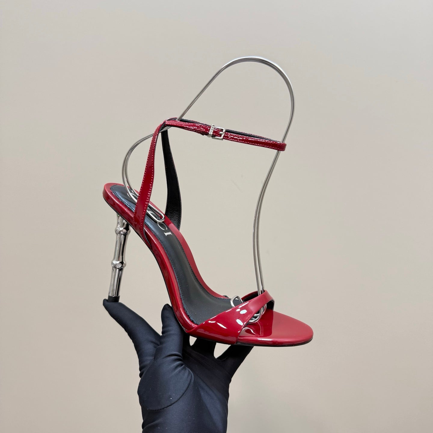 GUCCI STRAP HIGH BAMBOO-EFFECT HEEL SANDAL IN RED PATENT CALFSKIN