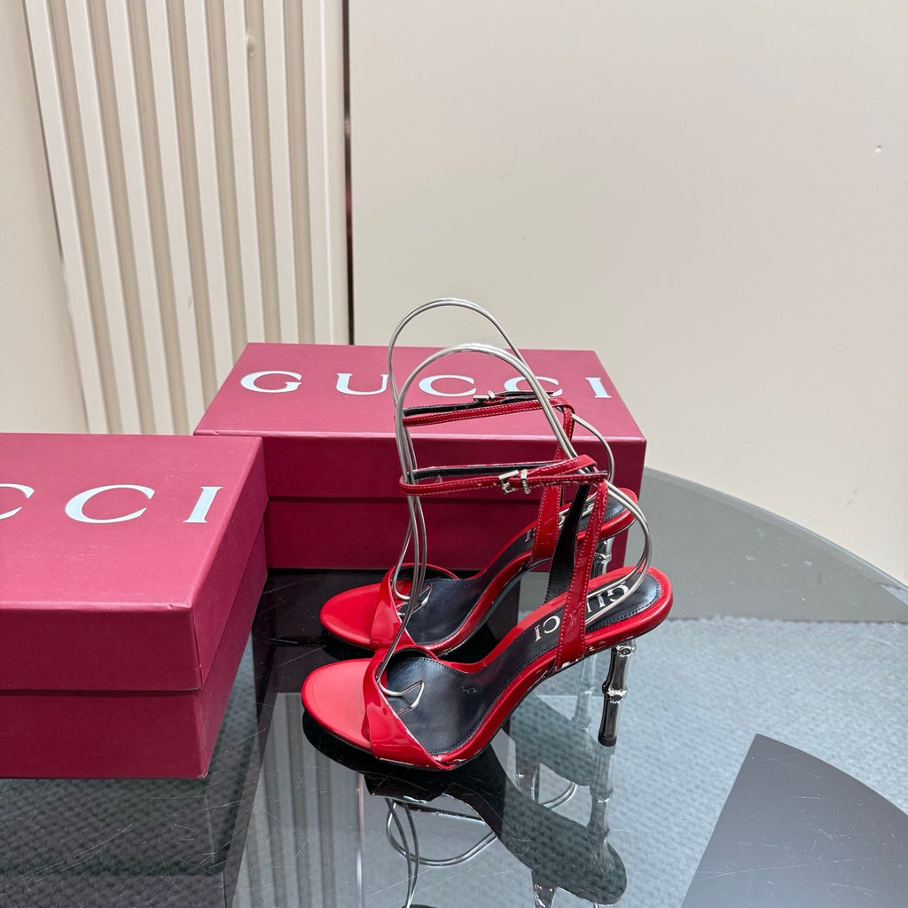 GUCCI STRAP HIGH BAMBOO-EFFECT HEEL SANDAL IN RED PATENT CALFSKIN