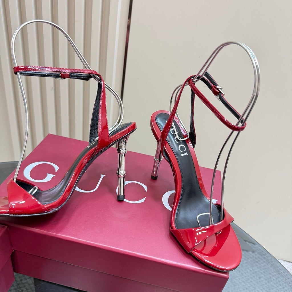 GUCCI STRAP HIGH BAMBOO-EFFECT HEEL SANDAL IN RED PATENT CALFSKIN