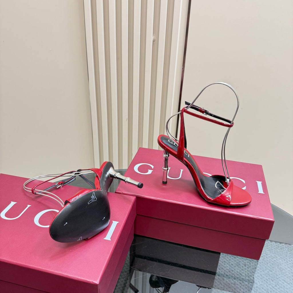 GUCCI STRAP HIGH BAMBOO-EFFECT HEEL SANDAL IN RED PATENT CALFSKIN
