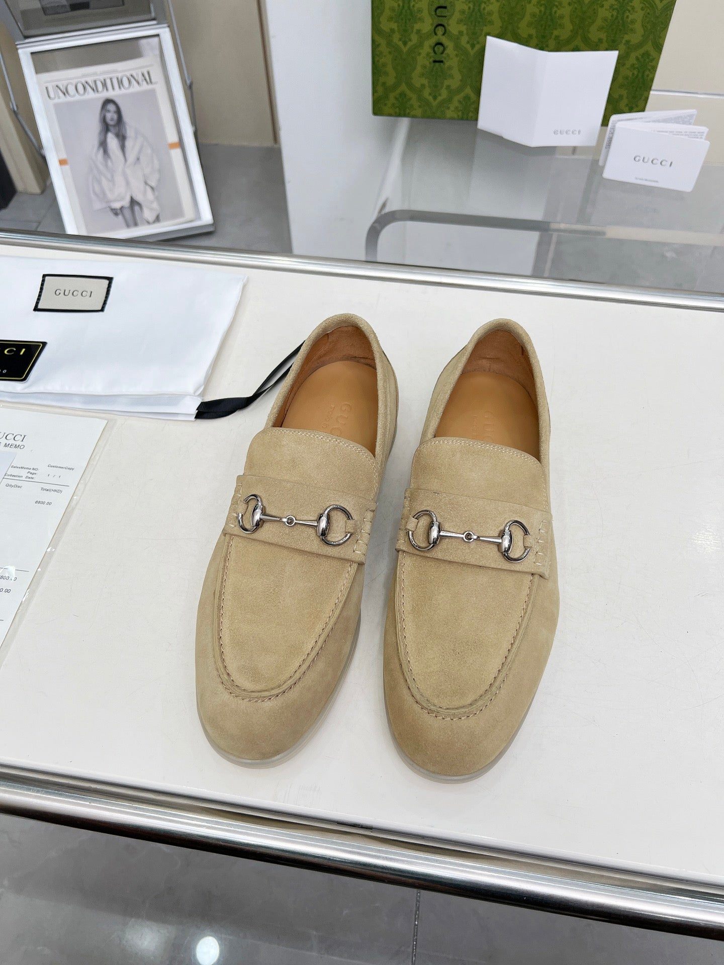 GUCCI LOAFERS WITH SILVER HARDWARE IN BEIGE SUEDE