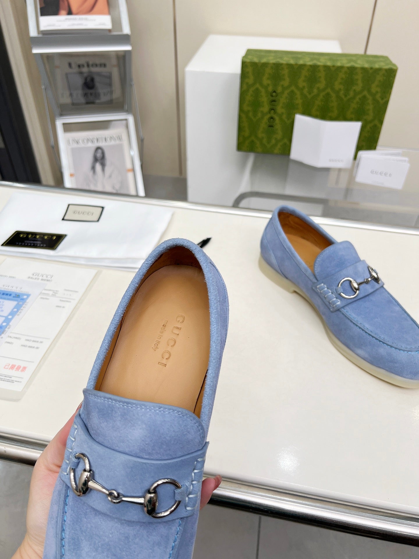 GUCCI LOAFERS WITH SILVER HARDWARE IN CORNFLOWER BLUE SUEDE