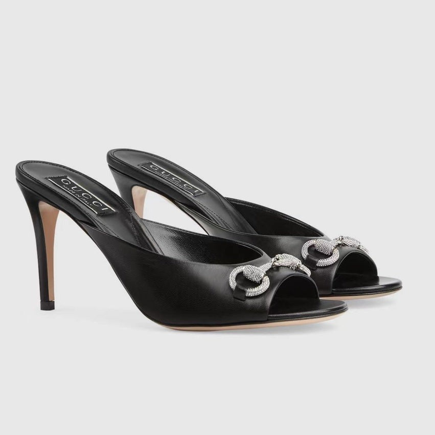 GUCCI Women's Horsebit mid-heel slide sandal in Black