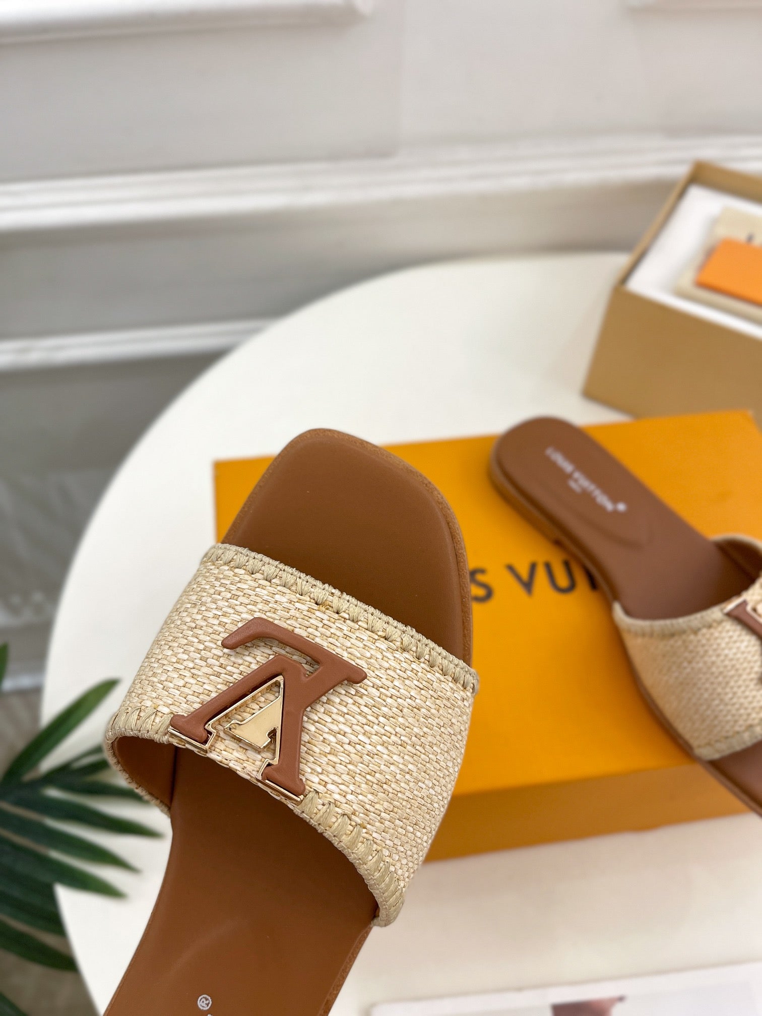 LOUIS VUITTON LV WOMEN CAPRI FLAT MULES IN CHOCOLATE BROWN LEATHER AND RAFFIA
