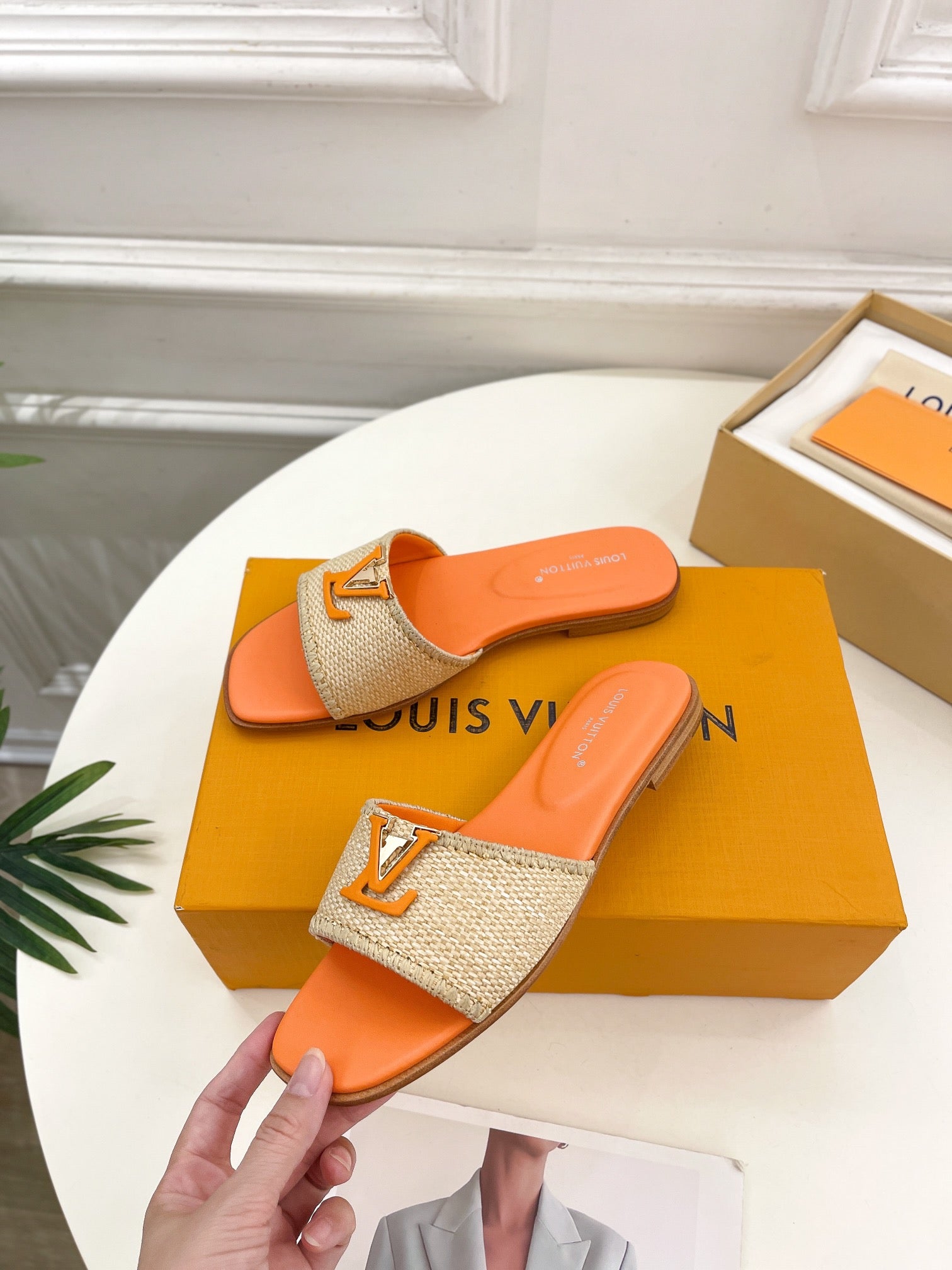 LOUIS VUITTON LV WOMEN CAPRI FLAT MULES IN TIGER ORANGE LEATHER AND RAFFIA
