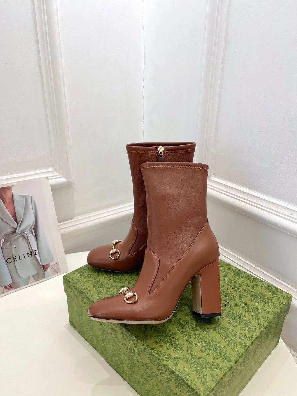 GUCCI HORSEBIT ANKLE BOOTS 9.5CM IN CINNAMON BROWN SHEEPSKIN