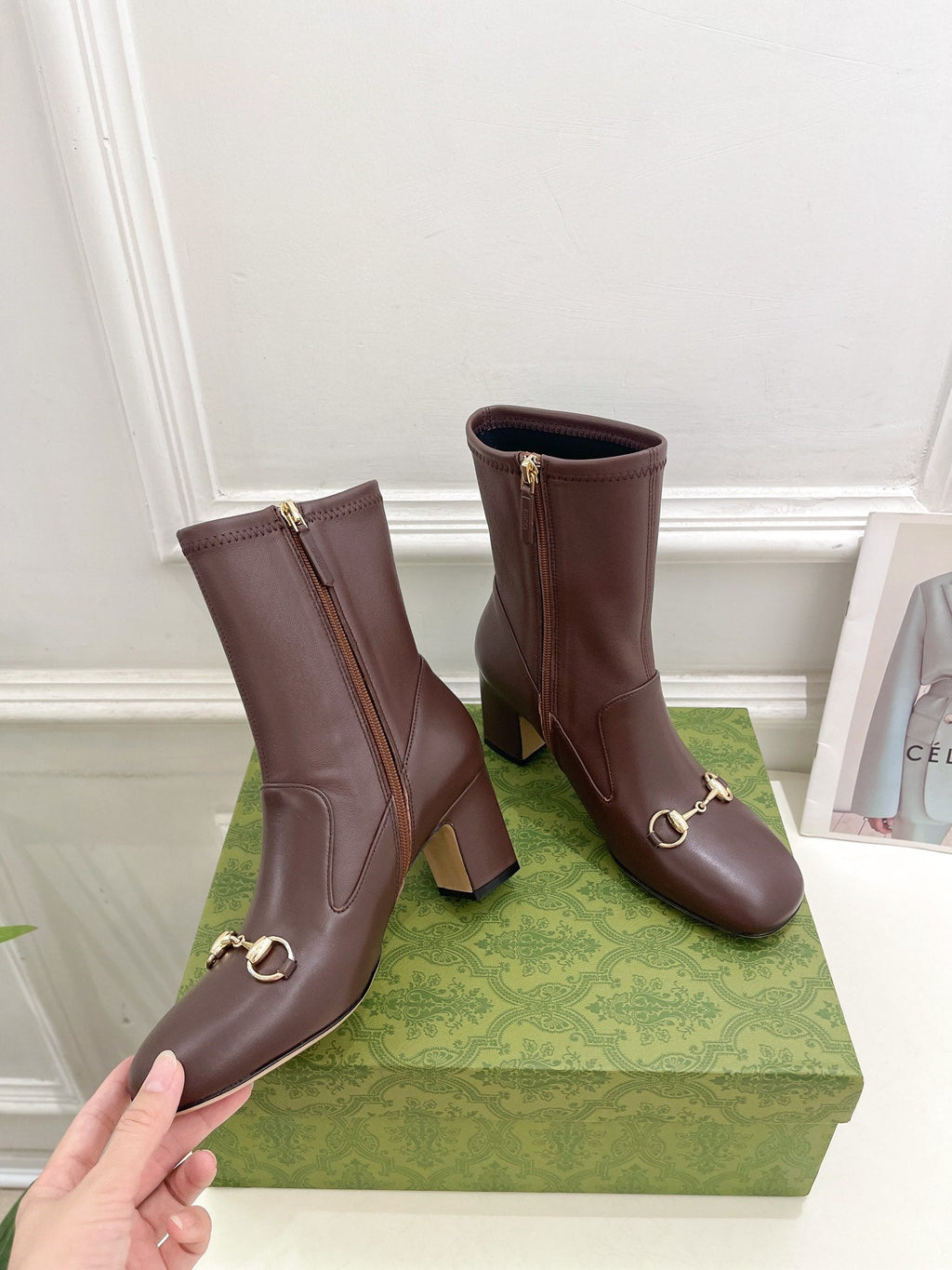 GUCCI HORSEBIT ANKLE BOOTS 6.5CM IN WALNUT BROWN SHEEPSKIN