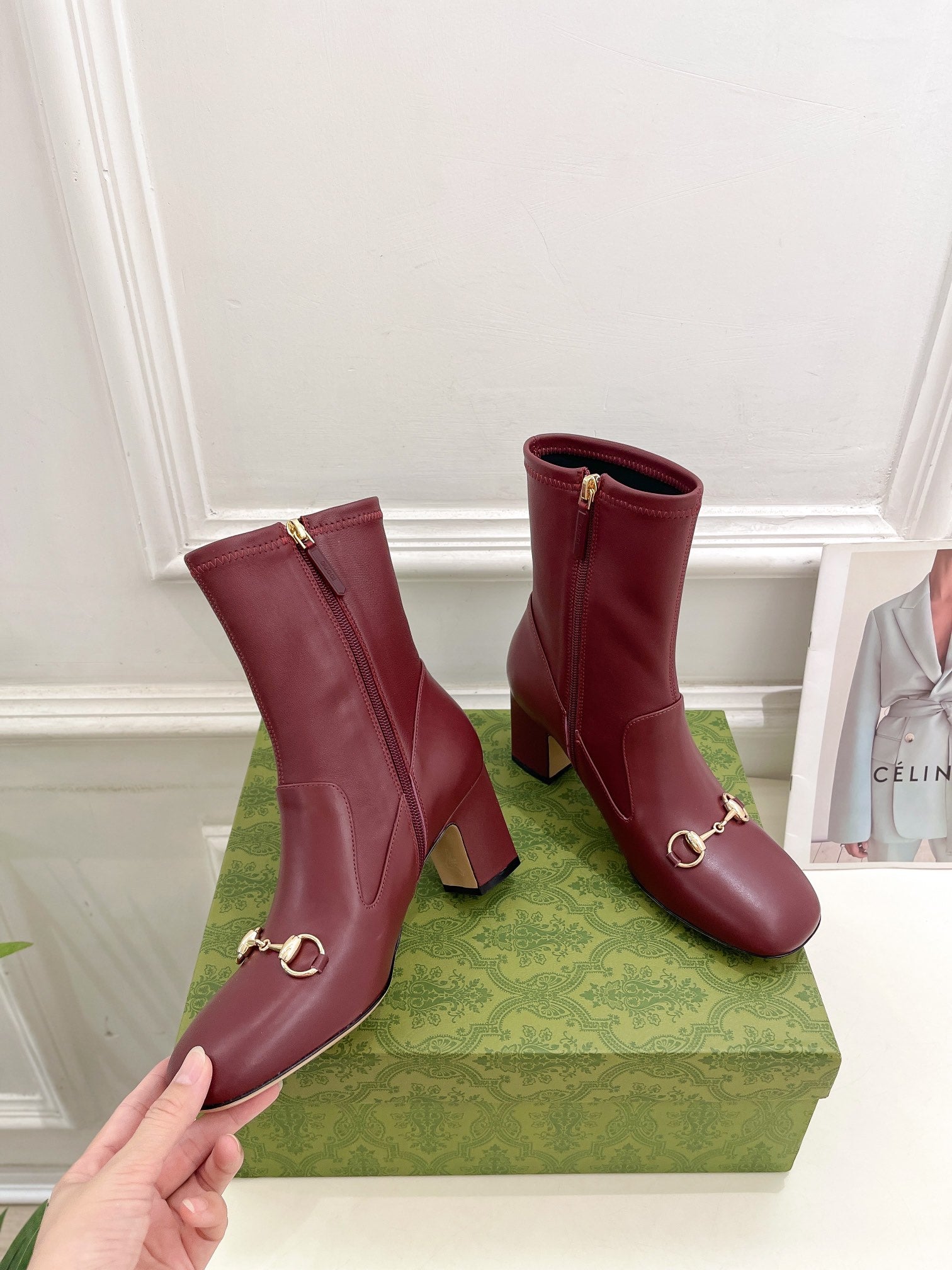 GUCCI HORSEBIT ANKLE BOOTS 6.5CM IN BURGUNDY RED SHEEPSKIN