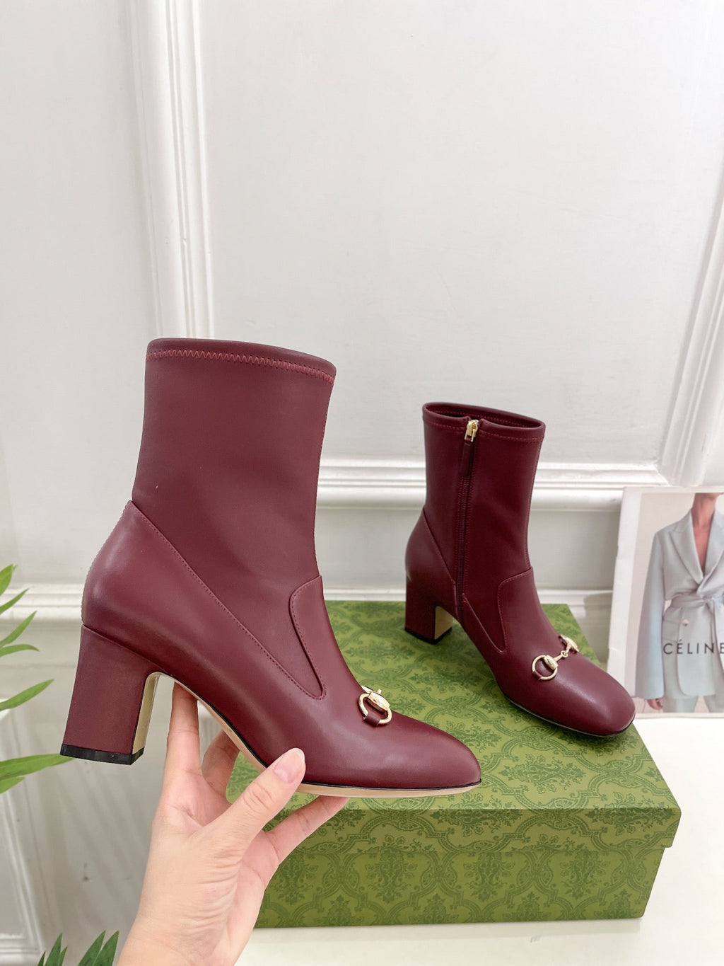 GUCCI HORSEBIT ANKLE BOOTS 6.5CM IN BURGUNDY RED SHEEPSKIN